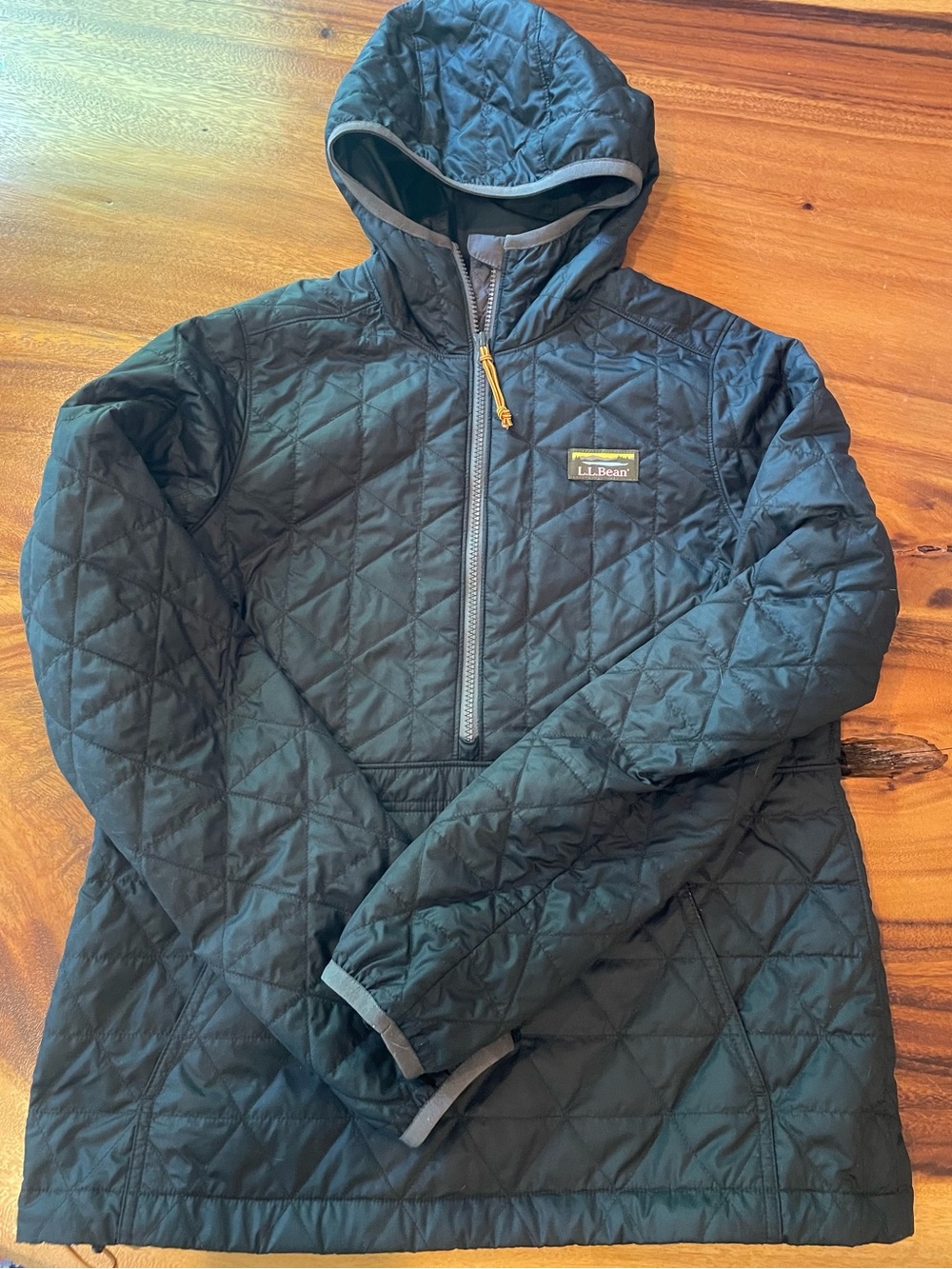 L.L.Bean Quilted Hooded Pullover in Black with Orange Accents